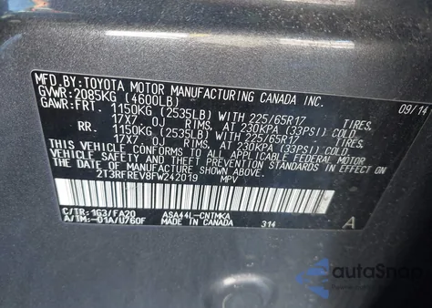 2015 Toyota Rav4 Xle из США, поврежденный, VIN 2T3RFREV8FW242019